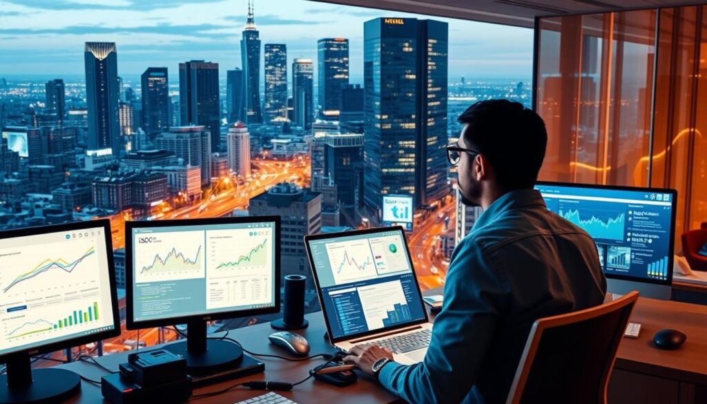 A vibrant and energetic scene of a bustling digital landscape on Long Island. In the foreground, a search engine optimization specialist navigates a sleek and modern office, surrounded by computer screens displaying analytics and SEO metrics. In the middle ground, a network of interconnected devices and platforms illustrate the intricate web of digital marketing strategies. The background showcases the iconic Long Island skyline, with towering skyscrapers and bustling streets, highlighting the importance of digital presence for local businesses. The lighting is soft and warm, creating a sense of productivity and innovation. The overall composition conveys the significance of SEO in today's digital landscape for Long Island-based companies.