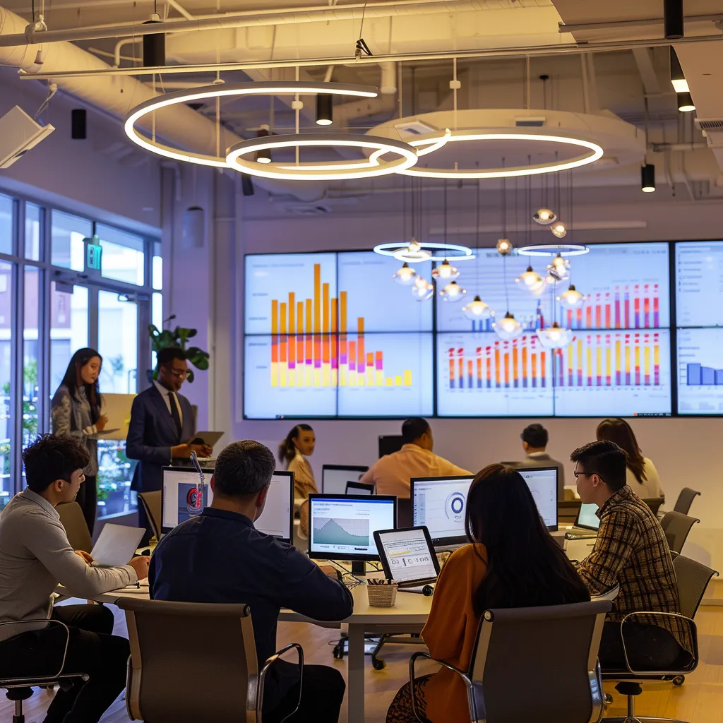 a modern office workspace bustling with professionals engaging in a dynamic brainstorming session, surrounded by digital screens displaying seo analytics and charts, emphasizing strategic growth for local long island businesses.